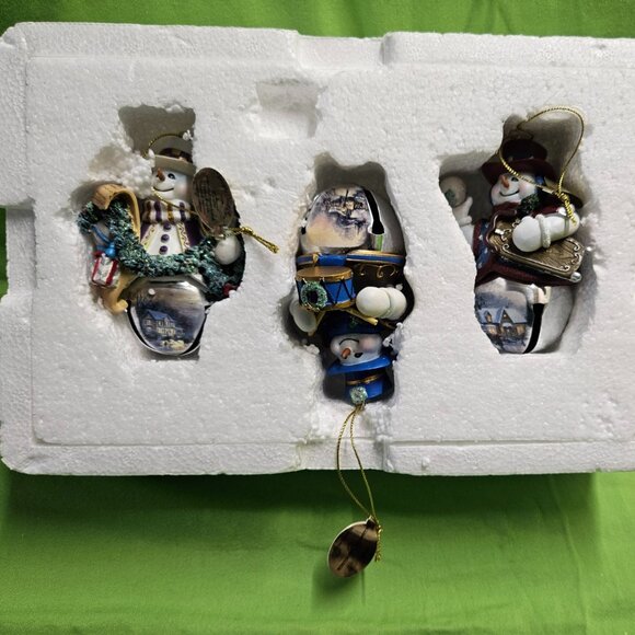 Bradford Exchange Set of 3 Thomas Kinkade Snowman Bell Holiday Ornaments w/Cert. - Picture 1 of 13